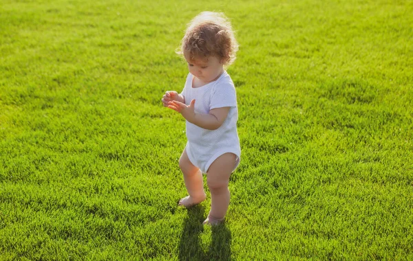 Kleine baby leren kruipen stapjes op het gras. Concept kinderen maanden. Gelukkig kind spelen op groen gras speeltuin. — Stockfoto