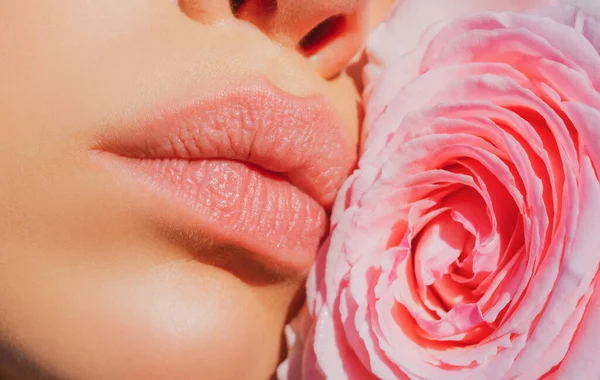 Sluiten sexy vrouw natuurlijke lippen en mooie rode roos. Lippen met lippenstift close-up. Mooie vrouw lippen met roos. — Stockfoto