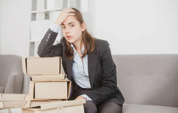 Busy business woman, secretary girl working alone late in office. Angry sad secretary, upset accountant employee. — Stockfoto
