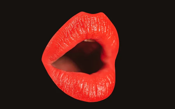 Meisje open mond close-up met rode lippenstift make-up. Schoonheid vrouwelijk gezicht. Make-up en cosmetisch. Hoge resolutie. Lipglans met rode lippen en make-up. — Stockfoto