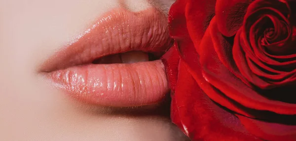 Lábios perto com rosa vermelha. Cosméticos compõem a publicidade. Bela fêmea lábios vermelhos perfeitos. — Fotografia de Stock