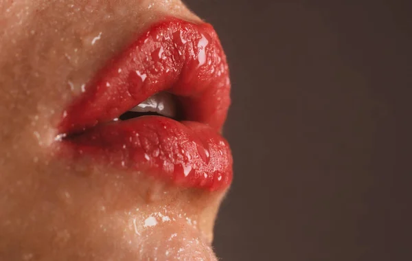 Sexy labios llenos. Brillo de labios y boca de mujer. Los labios sensuales. Sexy húmedo labios rojos de mujer joven de cerca. —  Fotos de Stock