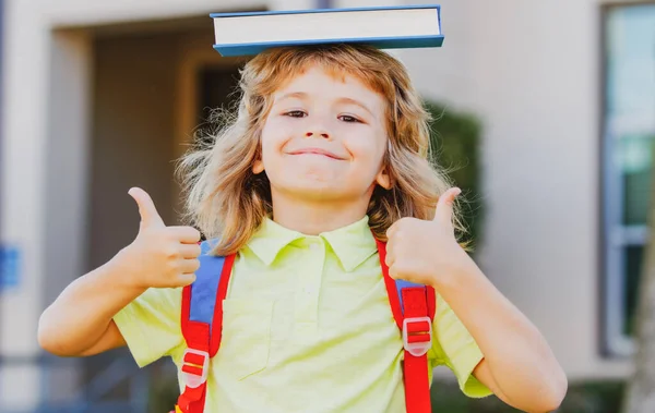 Portret van een leuke schooljongen met een bril en een hemd met een boek. Schoolkind nerd buiten. — Stockfoto