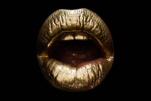 Womans golden lips, close up isolated background. Isolated gold mouth. Open mouth. — Stock Photo, Image