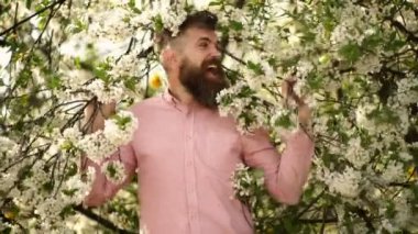 Açık havada bahar çiçekleri olan hippi bir adam. Güzel bir bahar günü. Alerji, bahar alerjisi mevsimi. Erkek cinselliği. Sakura kokusu. İyi havanın tadını çıkar.