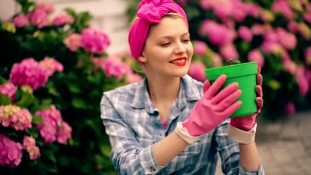 Femme souriante jardinage dans le passe-temps des travaux ménagers arrière-cour. Belle femme plantant des fleurs dans son jardin Jardinage femme au foyer. — Video