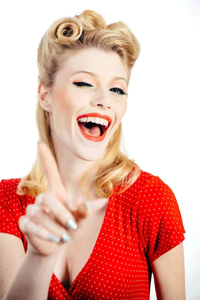 Laughing woman winks. Portrait of happy smiling girl. Confused beautiful woman with questioning gesture. Girl shrugging shoulders, doubts. Emotional face. — ストック写真