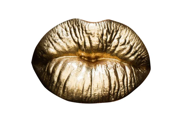 Womans labbra dorate da vicino isolato su sfondo bianco. Oro sexy bocca. — Foto Stock