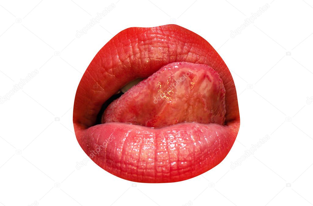 Isolated woman mouth with tongue licking sexy lips with red lipstick. Female tongue liking glossy lips. Woman licking red lips. Sensual mouth, lick icon