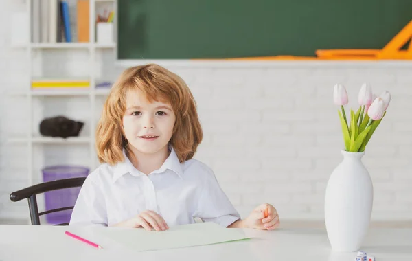 Alumno de primaria. Niños de la escuela contra pizarra verde. El chico se prepara para la escuela. —  Fotos de Stock