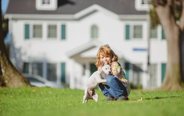 Mascotas y amistad humana. Niño lindo se siente encantado, lleva pequeño perro bebé, expresa emociones tiernas, cuidado y amor a cachorro pequeño. —  Fotos de Stock