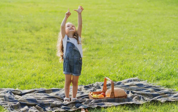 Flicka på picknick. Barnbarn med korg i solig park eller trädgård. — Stockfoto