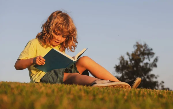 Çocuk kitap okuyor, arka planda çimlere uzanıyor. Zeki çocukların portresi. Çocukların başarısı, başarılı lider konsepti. — Stok fotoğraf