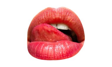 Kırmızı dudak yalayan dudaklı bir kadının ağzını kapat. Ağız, seksi dil..