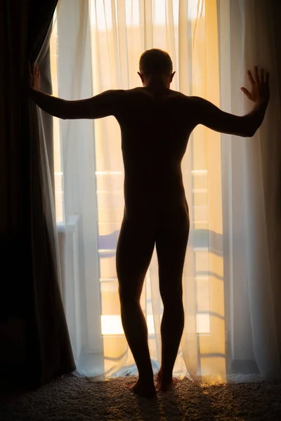 Сексуальний гей силует. Голий м'язистий молодий чоловік позує на вікно підсвічуванням сонячного світла. Красивий голий м'язистий молодий чоловік вдома позує оголення з драпіруванням великими вікнами . — стокове фото