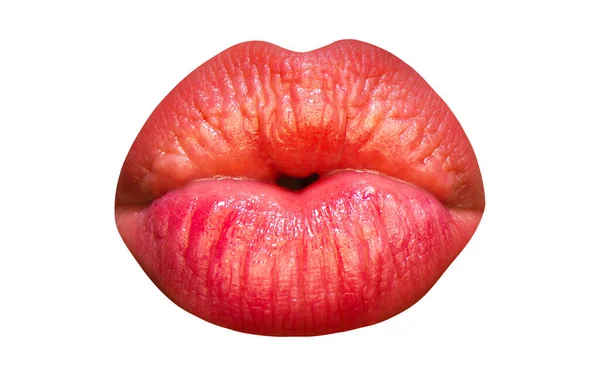 Beautiful full lipped woman mouth with kiss gesture isolated. Sensual lips, sexy kiss. — ストック写真