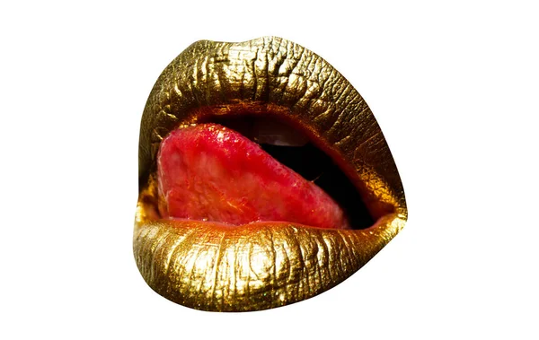 Guldsexiga kvinnliga läppar, vackra läppar, skönhet gyllene kvinna mun. Isolerad på vit bakgrund. — Stockfoto