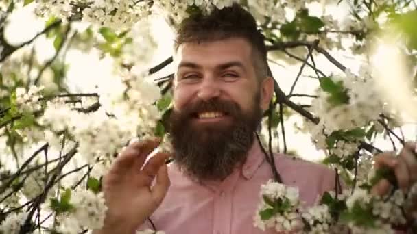 Крупним планом портрет смішного усміхненого чоловіка з бородою квітів. Весела весна . — стокове відео