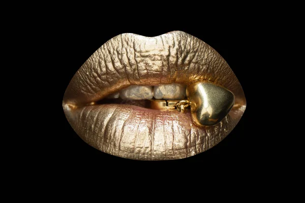 Female golden mouth isolated. Woman sensual gold lips. Creative art glitter lipstick. — Stock Photo, Image