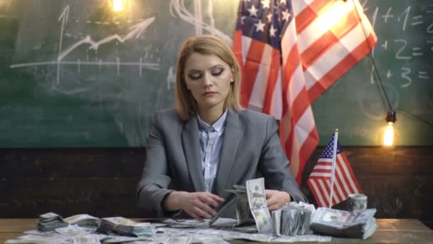 Portrait woman with money dollar bills banknotes in office. Banking and finance. — Stockvideo