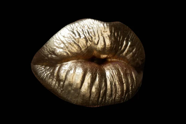 Gold kiss. Womans golden kissing lips, close up isolated background. Isolated gold mouth. — Foto Stock