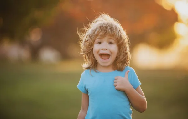 Retrato de un niño feliz riendo al aire libre de verano. Acércate a los chicos positivos. Pulgares arriba. Sorprendido emocionado emocionado niños emociones. — Foto de Stock