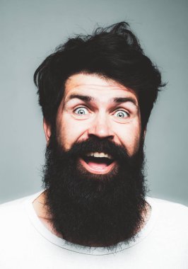 Heyecanlı, yakışıklı bir genç. Gri duvara karşı memnun iş adamının portresi. Olumlu insan yüz ifadeleri ve duyguları.