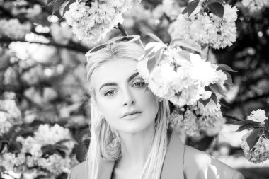 Çiçekli kız. Çiçek açan kiraz bahçesindeki güzel genç kızın portresi..