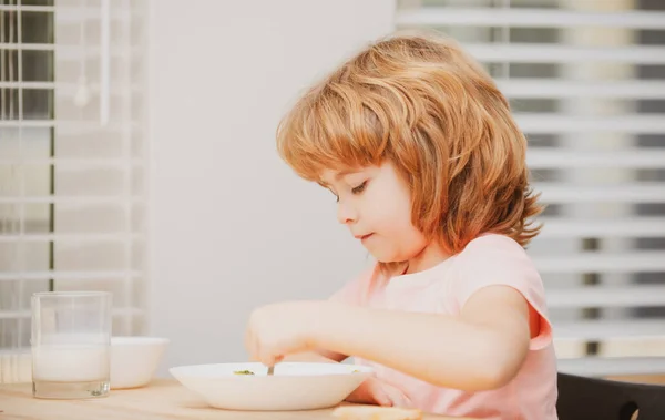 Caucasian toddler child boy eating healthy soup in the kitchen. Healthy nutrition for kids. — Stock Photo, Image