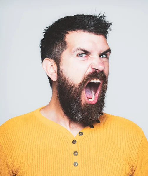 Kiabálj stresszes arckifejezéssel. Dühös borbély hosszú szakállal és bajusszal a borbélyüzletben. Szakállas, dühös ember.. — Stock Fotó