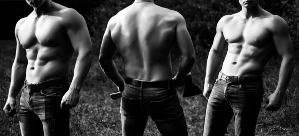 Topless shirtless male models. Naked bodybuilders in forest. Fashion portrait of young hot naked guy. — Stock Photo, Image