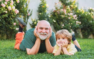 Aile geleneği. Arkadaş canlısı aile kavramı. Büyükbabası olan bir çocuk yazın doğada rüya görür. Baba oğul ve büyükbaba birlikte dinleniyorlar. Mutlu son sınıf babasının mutlu ve mutlu portresi.