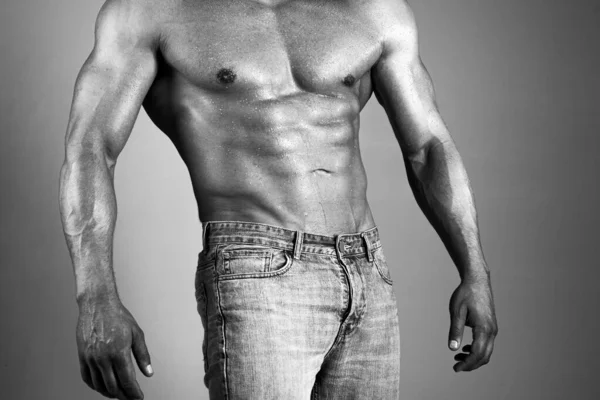 Sexig överkropp av en muskulös man. Närbild av topless manliga modell. Guy eller muskulös macho, kroppsbyggare, med muskelbål, kropp med sex förpackningar och abs isolerade på grå. — Stockfoto
