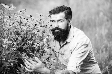 Dışarıda tasasız sakallı bir adam var. Bahar çiçekleri. Doğayla birlik. Tarla ve çayır.
