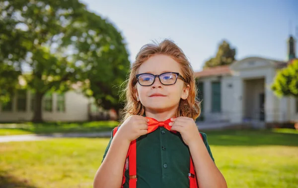 Повернутися до школи. Портрет школяра з початкової школи на шкільному подвір'ї . — стокове фото