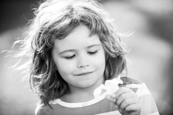 Ferme la tête. Plan rapproché de la tête d'un enfant. Visage d'enfant, portrait d'été de petit garçon. Vacances d'été. — Photo