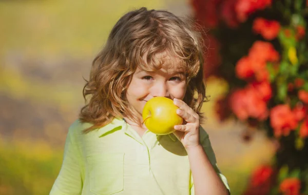 Schattig kind jongen eten een appel buiten. — Stockfoto