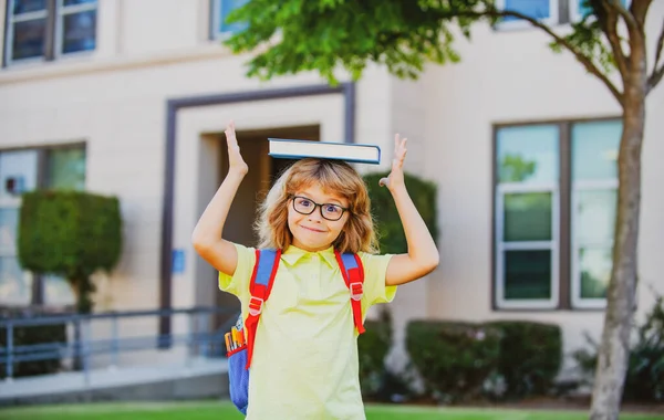 Aranyos iskolás fiú portréja szemüveggel és egy pólóval, amiben könyv van. Iskolásgyerek kocka a szabadban. — Stock Fotó