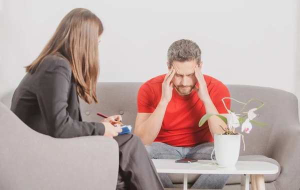 Psychology, mental therapy, psychologist with sad depressed man at psychotherapy session on psychological consultation. — Stock Photo, Image