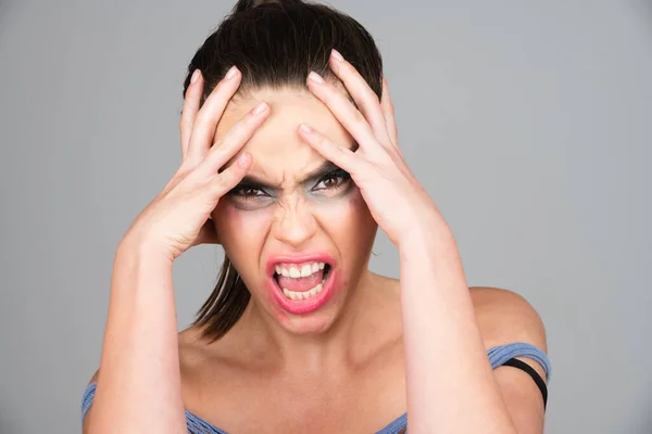 Sad and angry face. Emotional angry woman, upset girl. Screaming, hate, rage. Pensive woman feeling furious mad and crazy stress. — Stock Photo, Image