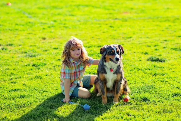Schattig kind met een puppy, buiten zomer. De jongen speelt met de hond in het park in de zomer. — Stockfoto