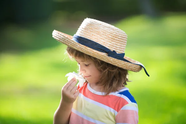 Portrait d'un mignon enfant garçon en chapeau de paille sentant la fleur de plumeria. Gros plan sur les enfants caucasiens. Gros plan tête de drôle de gosse. — Photo