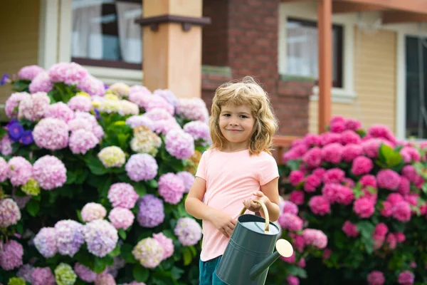 Çocuk, yaz günü bahçedeki çiçekleri sulama tenekesiyle suluyor..