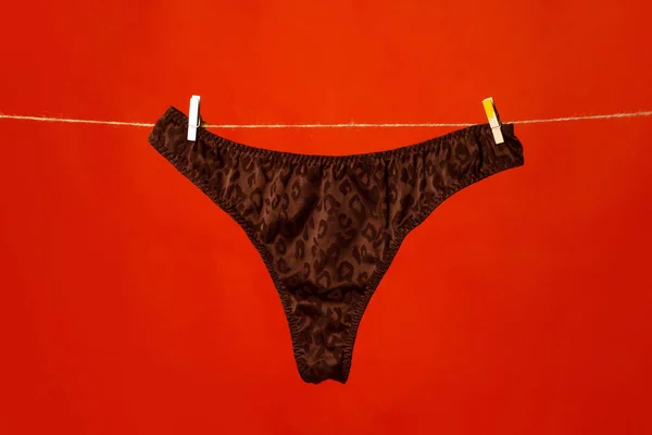 Cotton underwear. Lace underwear. Womans black erotic panties. Womens panties hanging isolated on red background. — Zdjęcie stockowe