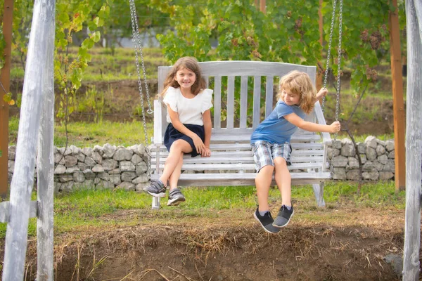 Two kids relaxing outdoors at summer park. Brother and sister happy walking in nature. Siblings boy and girl playing in garden. — 스톡 사진