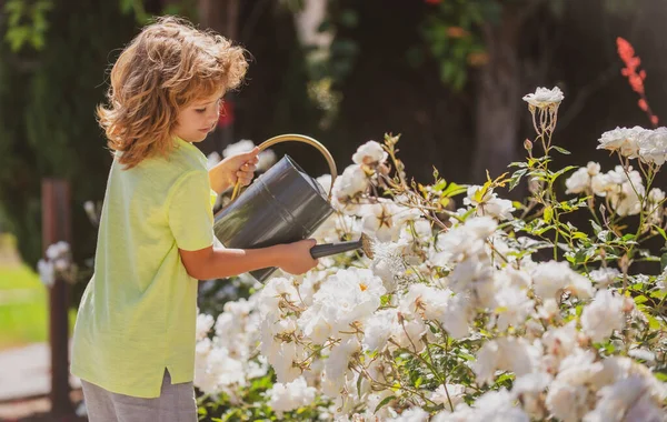 꽃밭의아이. 정원에서 일하는 아이의 모습. — 스톡 사진