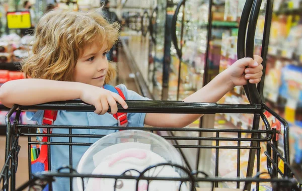 Criança com carrinho de compras comprando alimentos em mercearia ou supermercado. — Fotografia de Stock
