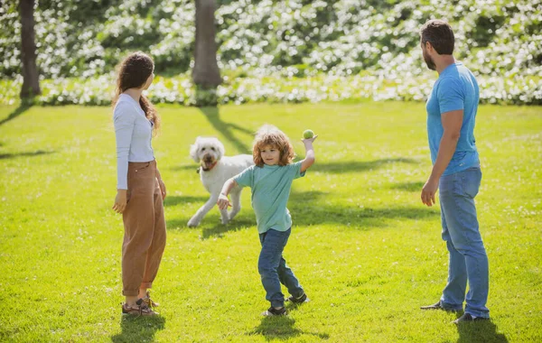 Porträt einer glücklich lächelnden Familie mit Hund beim Entspannen im Park. — Stockfoto