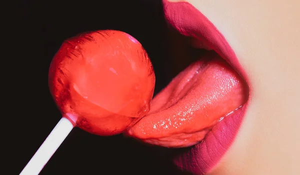 Red lips, mouth and tongue icon suck lick lollipop. Licking candy. . Poster and banner of open mouth. Close-up woman licking lips. Female sexy mouth with tongue.