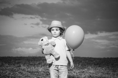 Oyuncak ayıcık ve balonla gün batımı arka planında küçük bir çocuk. Bahçedeki küçük mutlu çocuk. Mutlu çocuk yaz sahasında.